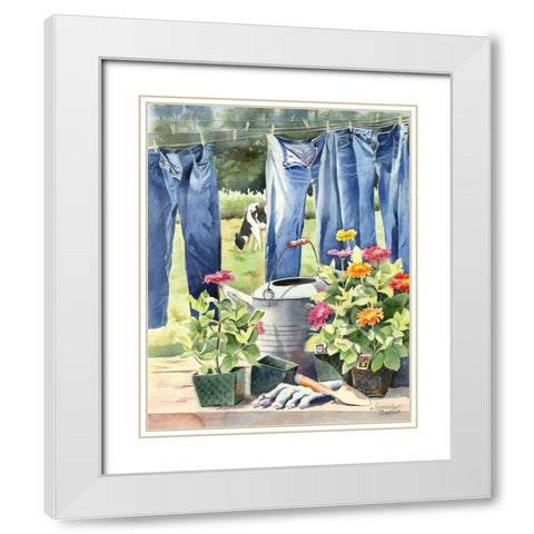 Blue jeans, Zinnias and Cow White Modern Wood Framed Art Print with Double Matting by Babbitt, Gwendolyn