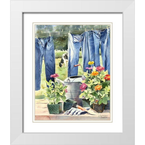 Blue jeans, Zinnias and Cow White Modern Wood Framed Art Print with Double Matting by Babbitt, Gwendolyn