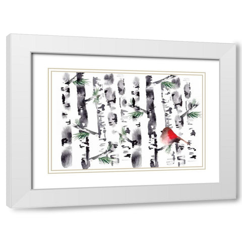 Bird in Birch White Modern Wood Framed Art Print with Double Matting by Berrenson, Sara