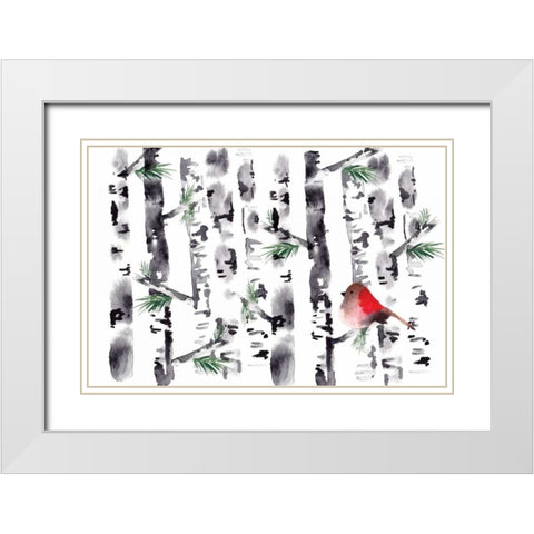 Bird in Birch White Modern Wood Framed Art Print with Double Matting by Berrenson, Sara