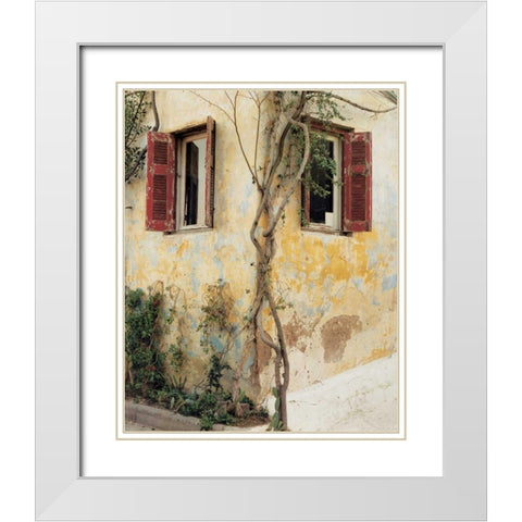 Two Windows Red Shutters White Modern Wood Framed Art Print with Double Matting by Cieslikowski, Zeny