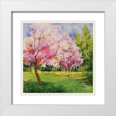 Cherry Blooms I White Modern Wood Framed Art Print with Double Matting by Blue Fish