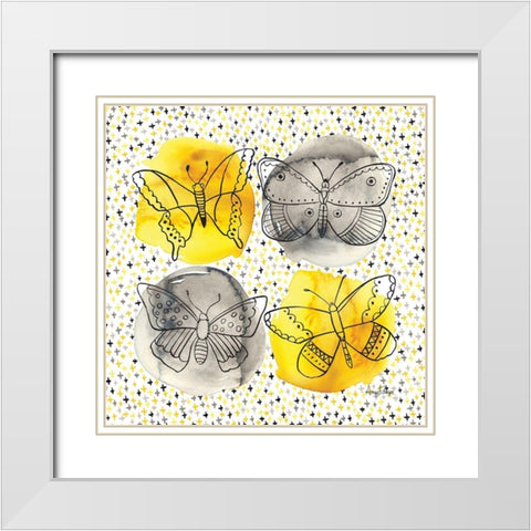 Gray and Yellow Butterflies I White Modern Wood Framed Art Print with Double Matting by Frazer, Amy