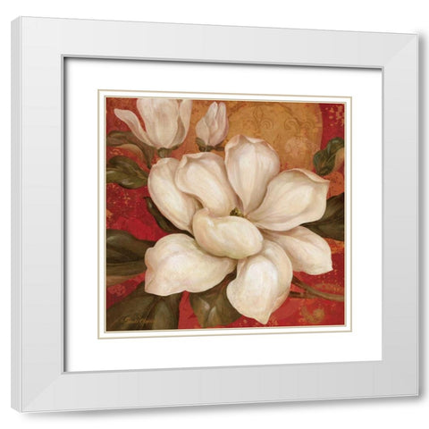 Magnolia on Red I White Modern Wood Framed Art Print with Double Matting by Gladding, Pamela