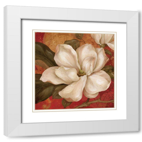 Magnolia on Red II White Modern Wood Framed Art Print with Double Matting by Gladding, Pamela