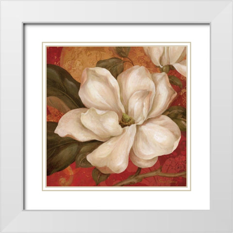 Magnolia on Red II White Modern Wood Framed Art Print with Double Matting by Gladding, Pamela