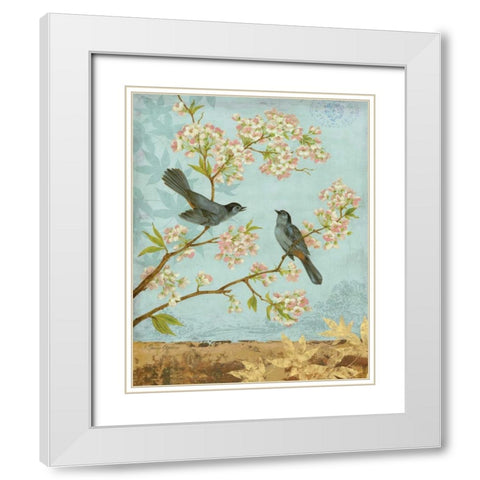 Catbirds and Blooms White Modern Wood Framed Art Print with Double Matting by Gladding, Pamela