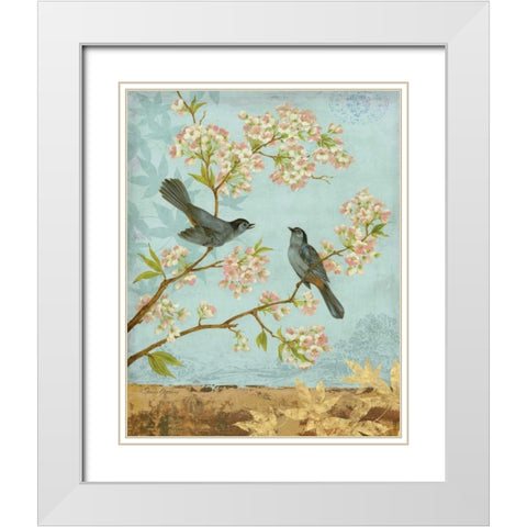 Catbirds and Blooms White Modern Wood Framed Art Print with Double Matting by Gladding, Pamela