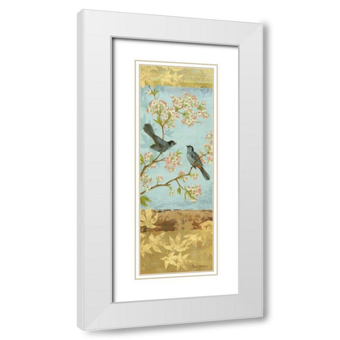 Catbirds and Blooms Panel White Modern Wood Framed Art Print with Double Matting by Gladding, Pamela
