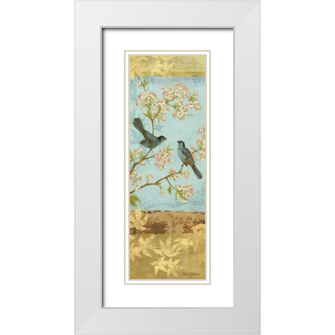 Catbirds and Blooms Panel White Modern Wood Framed Art Print with Double Matting by Gladding, Pamela