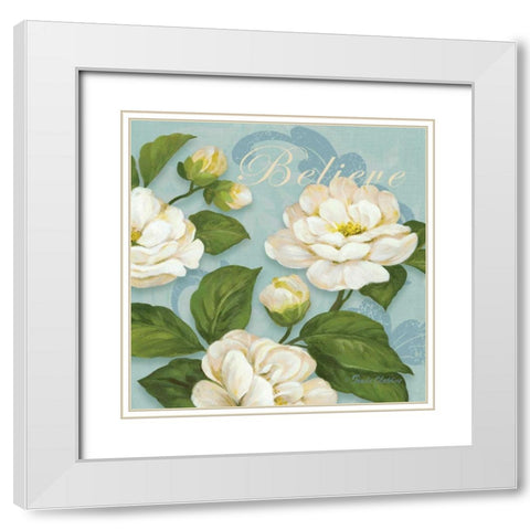 Inspiration Camellias White Modern Wood Framed Art Print with Double Matting by Gladding, Pamela
