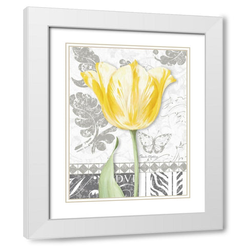 Damask Gray Tulips II White Modern Wood Framed Art Print with Double Matting by Gladding, Pamela