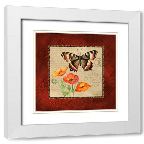 Butterfly and Poppies White Modern Wood Framed Art Print with Double Matting by Gorham, Gregory