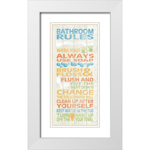 Bathroom Rules I White Modern Wood Framed Art Print with Double Matting by Harbick, N.