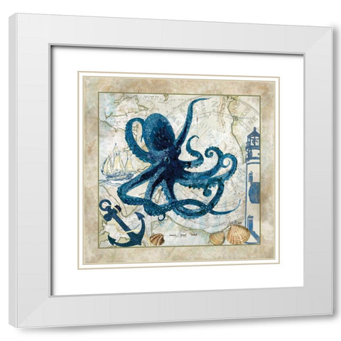 Nautical Octopus White Modern Wood Framed Art Print with Double Matting by Meyer, Jill