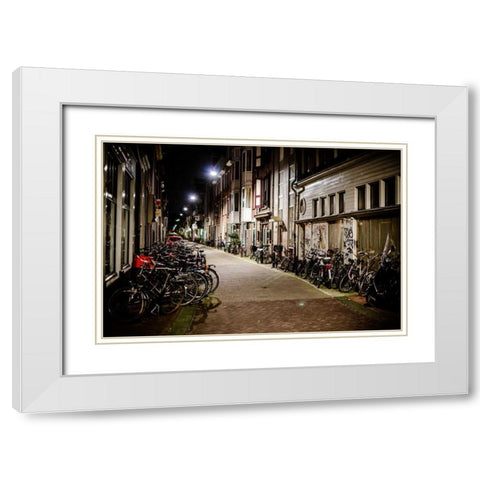 Amsterdam Bikes at Night II White Modern Wood Framed Art Print with Double Matting by Berzel, Erin