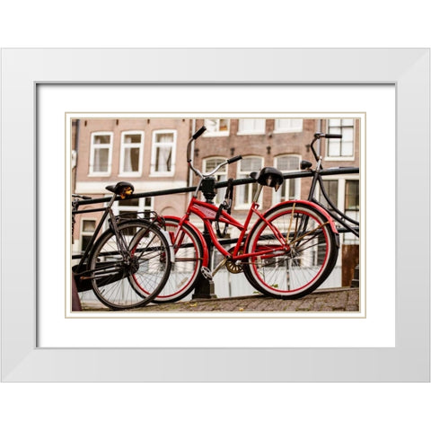 Amsterdam Red Bicycle White Modern Wood Framed Art Print with Double Matting by Berzel, Erin