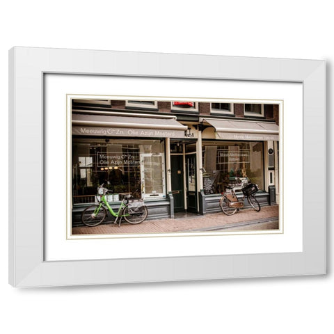 Amsterdam Storefront with Bikes White Modern Wood Framed Art Print with Double Matting by Berzel, Erin