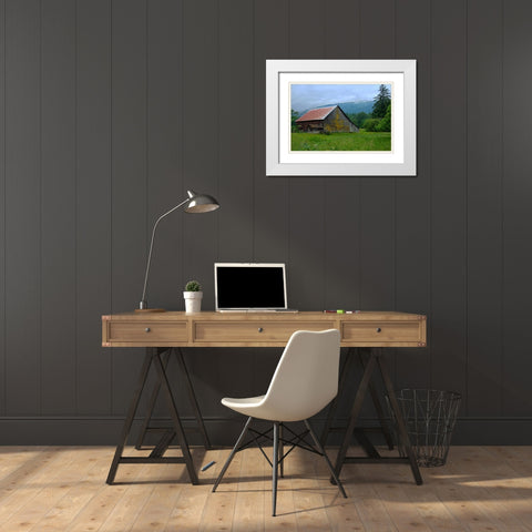Barn in the Mist White Modern Wood Framed Art Print with Double Matting by Johnson, George