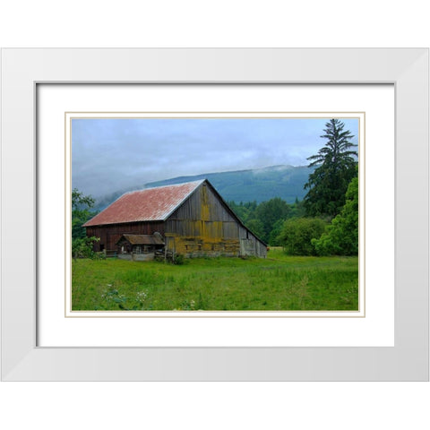 Barn in the Mist White Modern Wood Framed Art Print with Double Matting by Johnson, George