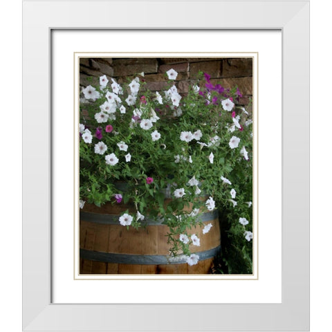 Petunia Barrel I White Modern Wood Framed Art Print with Double Matting by Larson, Scott