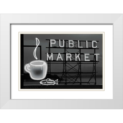 BW Public Market Sign I White Modern Wood Framed Art Print with Double Matting by Stefko, Bob