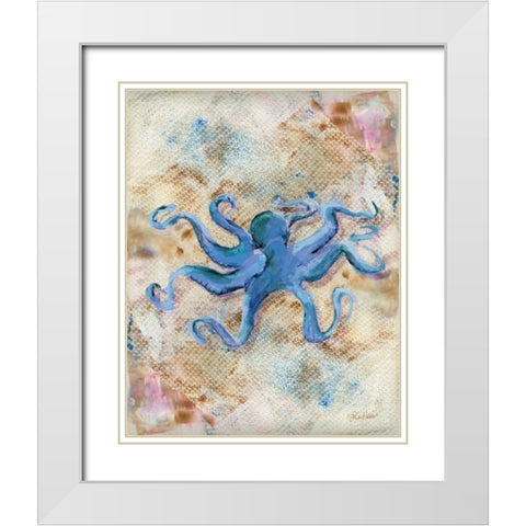 Blue Octopus White Modern Wood Framed Art Print with Double Matting by Roberto, LuAnn