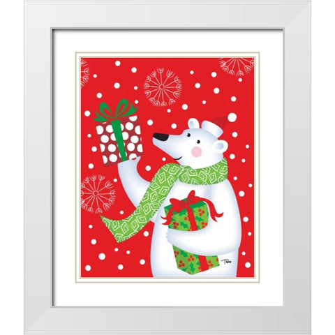 Polar Bear and Presents White Modern Wood Framed Art Print with Double Matting by Woo, Teresa