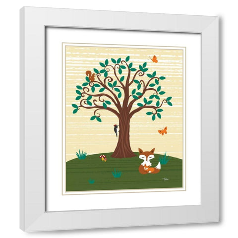 Grand Tree and Foxes White Modern Wood Framed Art Print with Double Matting by Woo, Teresa