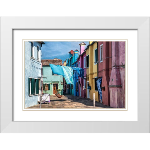 Burano Wash Day White Modern Wood Framed Art Print with Double Matting by Head, Danny