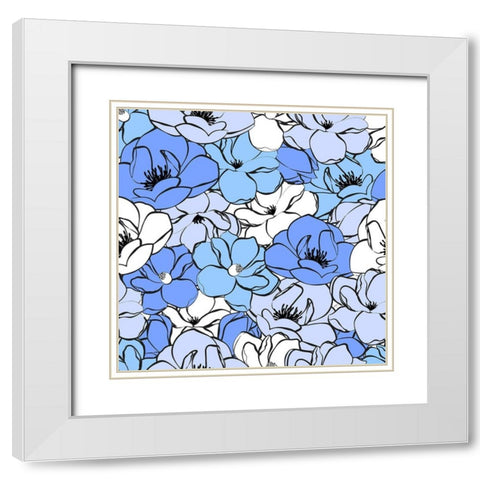 Blue Magnolias White Modern Wood Framed Art Print with Double Matting by Aesthete