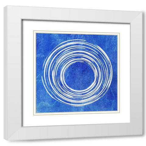 Blue Artsy Cirlces One White Modern Wood Framed Art Print with Double Matting by Aesthete