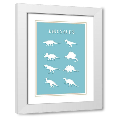 Dinosaurs Cyan White Modern Wood Framed Art Print with Double Matting by Aesthete
