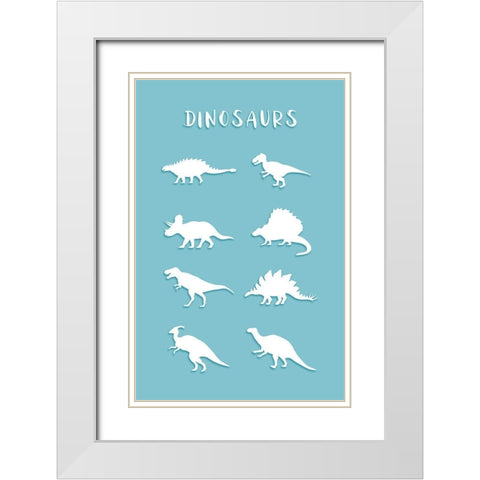 Dinosaurs Cyan White Modern Wood Framed Art Print with Double Matting by Aesthete
