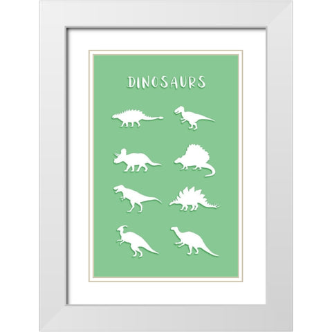 Dinosaurs Green White Modern Wood Framed Art Print with Double Matting by Aesthete
