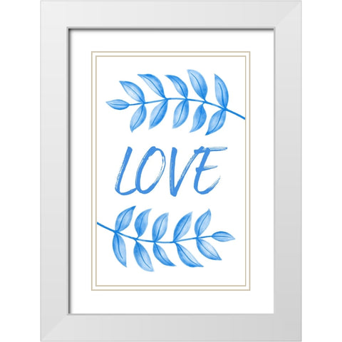 Blue Love Leafs White Modern Wood Framed Art Print with Double Matting by Aesthete