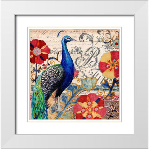 Peacock Decore I White Modern Wood Framed Art Print with Double Matting by Art Licensing Studio