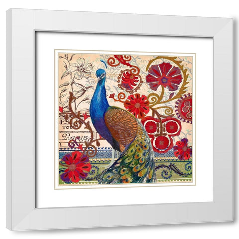 Peacock Decore II White Modern Wood Framed Art Print with Double Matting by Art Licensing Studio
