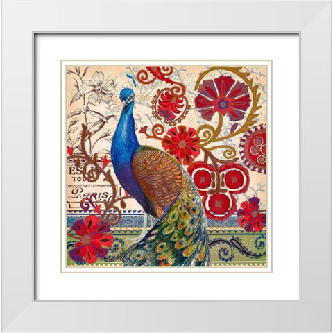 Peacock Decore II White Modern Wood Framed Art Print with Double Matting by Art Licensing Studio