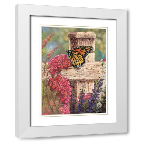 Butterfly and Fence Cross White Modern Wood Framed Art Print with Double Matting by Art Licensing Studio