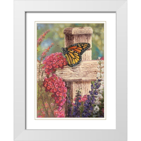 Butterfly and Fence Cross White Modern Wood Framed Art Print with Double Matting by Art Licensing Studio