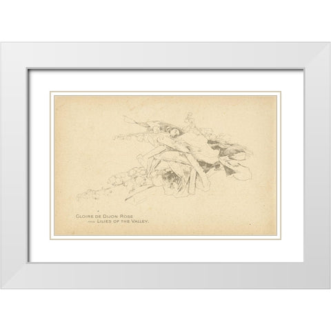 Gloire de Dijon Rose and Lilies of the Valley White Modern Wood Framed Art Print with Double Matting by Art Licensing Studio