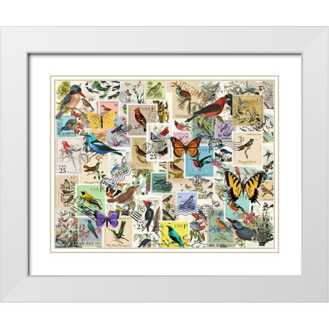 Stamp Collector - Birds and Butterflies White Modern Wood Framed Art Print with Double Matting by Art Licensing Studio