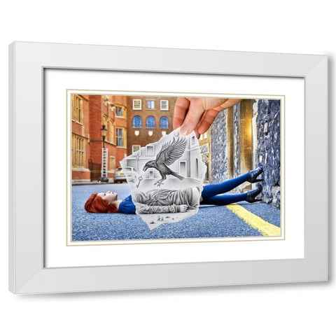 Pencil Vs Camera 57 - Crow and Girl White Modern Wood Framed Art Print with Double Matting by Heine, Ben