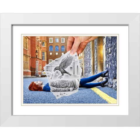 Pencil Vs Camera 57 - Crow and Girl White Modern Wood Framed Art Print with Double Matting by Heine, Ben