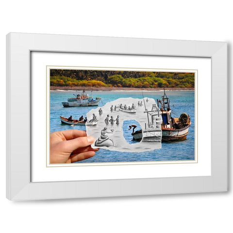Pencil vs Camera - Boats and Swimmers White Modern Wood Framed Art Print with Double Matting by Heine, Ben