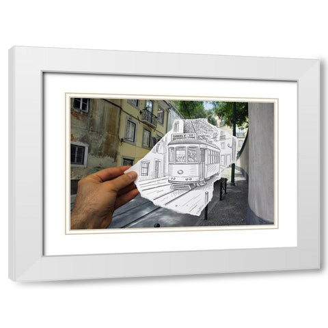 Pencil Vs Camera 4 - Lisbon Tram White Modern Wood Framed Art Print with Double Matting by Heine, Ben