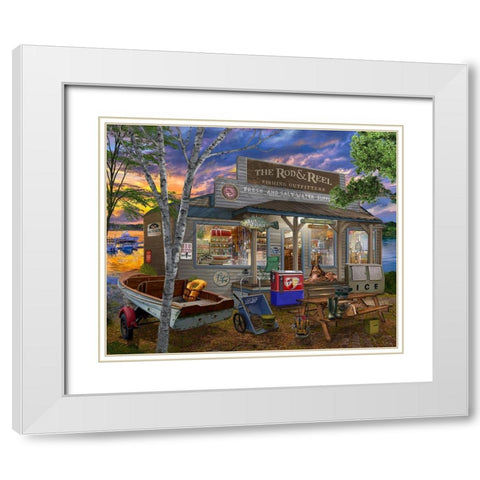 The Rod and Reel White Modern Wood Framed Art Print with Double Matting by Bigelow Illustrations- Exclusive