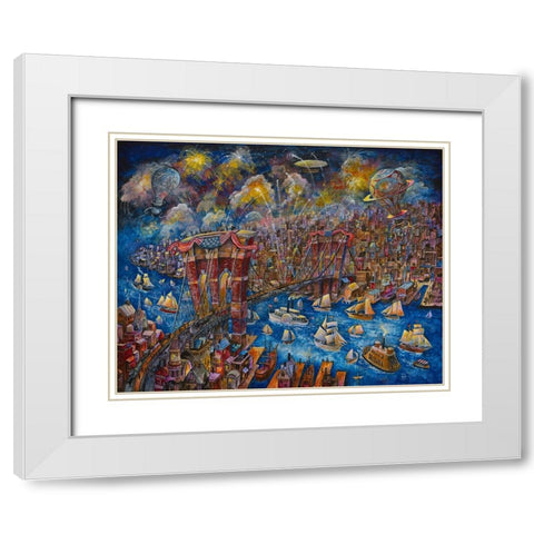 Opening Day 1873 Brooklyn Bridge White Modern Wood Framed Art Print with Double Matting by Bell, Bill