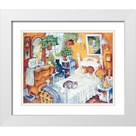 Bedroom Cats White Modern Wood Framed Art Print with Double Matting by Bell, Bill
